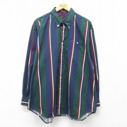 【50%OFF】XL★古着 長袖 シャツ メンズ 90年代 90s 大きいサイズ コットン ボタンダウン 濃紺他 ネイビー ストライプ 24dec11 中古 トップス