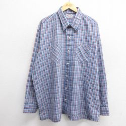 XL★古着 キングサイズ 長袖 シャツ メンズ 80年代 80s 大きいサイズ ロング丈 紺 ネイビー チェック 24dec12 中古 トップス