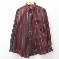 【20%OFF】L★古着 キー KEY 長袖 シャツ メンズ 90年代 90s ボタンダウン エンジ他 ストライプ 24dec16 中古 トップス