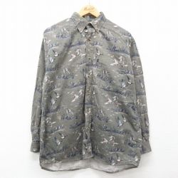 XL★古着 長袖 シャツ メンズ 鳥 コットン ボタンダウン 濃緑他 グリーン 24dec17 中古 トップス