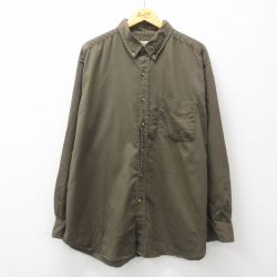 XL★古着 長袖 シャツ メンズ 大きいサイズ ロング丈 コットン ボタンダウン 緑系 グリーン 24dec20 中古 トップス