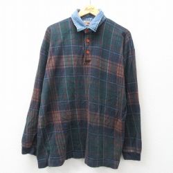 【20%OFF】XL★古着 長袖 ポロ シャツ メンズ 90年代 90s 襟デニム コットン 緑他 グリーン チェック 24dec20 中古 トップス