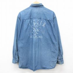 XL★古着 長袖 シャツ メンズ 00年代 00s ディズニー DISNEY ティガー 刺繍 コットン 紺 ネイビー デニム 【spe】 24dec23 中古 トップス