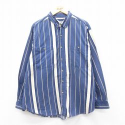 XL★古着 ベーシックエディションズ 長袖 シャツ メンズ 00年代 00s 大きいサイズ コットン ボタンダウン 紺他 ネイビー ストライプ 25jan18 中古 トップス