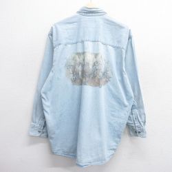 【20%OFF】XL★古着 長袖 シャツ メンズ 馬 大きいサイズ コットン ボタンダウン 薄紺 ネイビー デニム 25jan22 中古 トップス