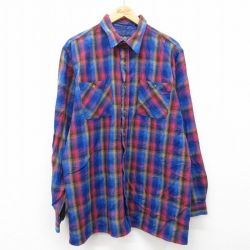 【50%OFF】XL★古着 長袖 シャツ メンズ ロング丈 青他 ブルー チェック 25jan25 中古 トップス