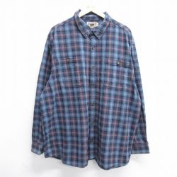 【50%OFF】XL★古着 長袖 シャツ メンズ 大きいサイズ ロング丈 コットン ボタンダウン 紺他 ネイビー チェック 25jan29 中古 トップス