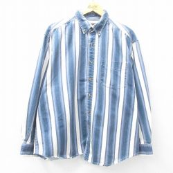 XL★古着 ルート66 長袖 シャツ メンズ 00年代 00s 大きいサイズ コットン ボタンダウン 紺他 ネイビー ストライプ 【spe】 25feb06 中古 トップス