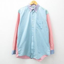 XL★古着 長袖 シャツ メンズ マルチカラー ロング丈 コットン ボタンダウン 薄紺他 ネイビー 【spe】 25feb06 中古 トップス