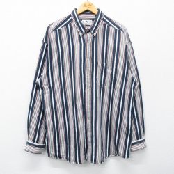 【50%OFF】XL★古着 長袖 シャツ メンズ 大きいサイズ ロング丈 コットン ボタンダウン 紺他 ネイビー ストライプ 25feb12 中古 トップス