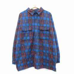 XL★古着 長袖 シャツ メンズ 90年代 90s フリース 大きいサイズ ロング丈 紺他 ネイビー チェック 25feb10 中古 トップス