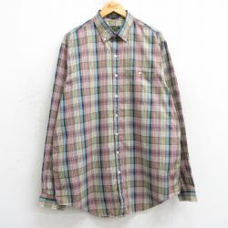 XL★古着 長袖 シャツ メンズ 00年代 00s ロング丈 ボタンダウン ベージュ系他 カーキ チェック 25feb17 中古 トップス