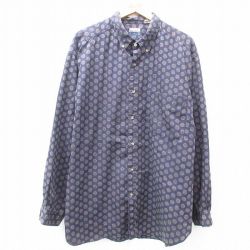 XL★古着 長袖 シャツ メンズ 90年代 90s 総柄 大きいサイズ ロング丈 ボタンダウン 紺 ネイビー 25feb19 中古 トップス