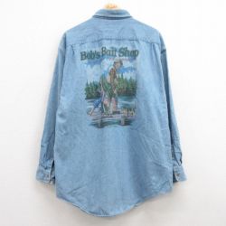 L★古着 長袖 シャツ メンズ 釣り ロング丈 コットン 薄紺 ネイビー 25feb21 中古 トップス