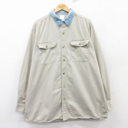 XL★古着 ラングラー Wrangler 長袖 シャツ メンズ 大きいサイズ ロング丈 襟デニム ボタンダウン ベージュ カーキ 25feb21 中古 トップス
