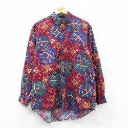 L★古着 長袖 シャツ メンズ 00年代 00s 羅針盤 コットン ボタンダウン 紺他 ネイビー 25feb22 中古 トップス