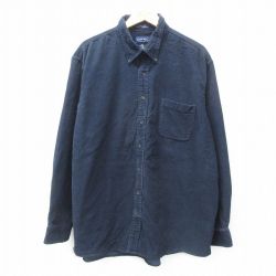 【50%OFF】XL★古着 長袖 シャツ メンズ コーデュロイ ロング丈 コットン ボタンダウン 濃紺 ネイビー 25feb25 中古 トップス