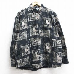 L★古着 長袖 シャツ メンズ シカ 総柄 ボタンダウン 黒他 ブラック 25feb26 中古 トップス