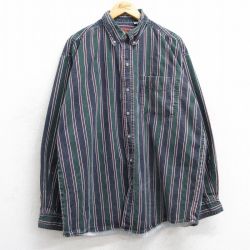 【20%OFF】XL★古着 長袖 シャツ メンズ 90年代 90s ロング丈 大きいサイズ コットン ボタンダウン 緑他 グリーン ストライプ 25feb26 中古 トップス