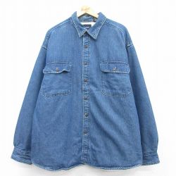 【50%OFF】XL★古着 ピューリタン 長袖 シャツ メンズ 00年代 00s 大きいサイズ ロング丈 コットン 紺 ネイビー デニム 内側フリース 25feb26 中古 トップス