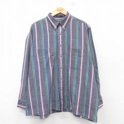 XL★古着 バンヒューセン 長袖 シャツ メンズ 90年代 90s 大きいサイズ ボタンダウン 紺他 ネイビー ストライプ 25feb26 中古 トップス