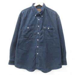 XL★古着 セントジョンズベイ 長袖 シャツ メンズ コーデュロイ 大きいサイズ ロング丈 コットン ボタンダウン 紺 ネイビー 25feb26 中古 トップス