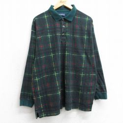 L★古着 長袖 ポロ シャツ メンズ 90年代 90s コットン 緑他 グリーン チェック 25feb26 中古 トップス