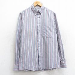 M★古着 アロー 長袖 シャツ メンズ 90年代 90s ボタンダウン USA製 薄紺他 ネイビー ストライプ 25feb26 中古 トップス