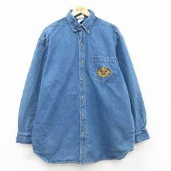 XL★古着 長袖 シャツ メンズ 00年代 00s ディズニー DISNEY アニマルキングダム 大きいサイズ ロング丈 コットン ボタンダウン 紺 ネイビー デニム 【spe】 25feb26 中古 トップス