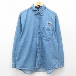 【20%OFF】XL★古着 長袖 シャツ メンズ サメ コットン ボタンダウン 紺 ネイビー デニム 25feb27 中古 トップス