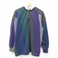 M★古着 長袖 ラガー シャツ メンズ 90年代 90s ヒジ当て コットン 緑他 グリーン ストライプ 25feb27 中古 トップス
