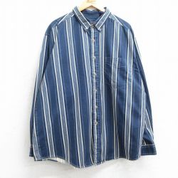XL★古着 ルート66 長袖 シャツ メンズ 00年代 00s 大きいサイズ ロング丈 コットン ボタンダウン 紺他 ネイビー ストライプ 25mar04 中古 トップス