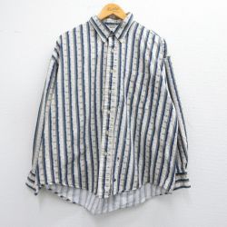 XL★古着 長袖 シャツ メンズ 00年代 00s 大きいサイズ コットン ボタンダウン 紺他 ネイビー ストライプ 25mar05 中古 トップス