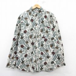 XL★古着 長袖 シャツ メンズ 鳥 ネイティブ柄 ラグ柄 大きいサイズ ロング丈 コットン ボタンダウン 生成り他 25mar06 中古 トップス