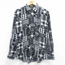 L★古着 長袖 シャツ メンズ レーヨン 黒他 ブラック 25mar08 中古 トップス
