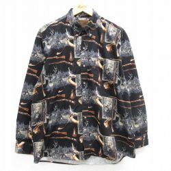 XL★古着 長袖 シャツ メンズ シカ 銃 コットン ボタンダウン 黒他 ブラック 25mar08 中古 トップス