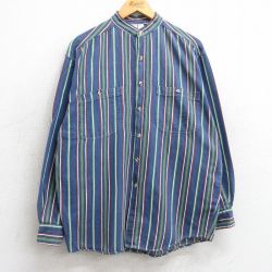 L★古着 長袖 シャツ メンズ 90年代 90s ノーカラー 紺他 ネイビー ストライプ 25mar10 中古 トップス