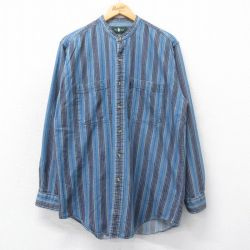 XL★古着 長袖 シャツ メンズ 90年代 90s ロング丈 コットン ノーカラー 薄紺他 ネイビー ストライプ 【spe】 25mar12 中古 トップス