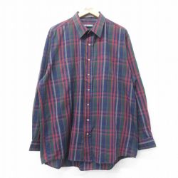 XL★古着 バンヒューセン 長袖 シャツ メンズ 90年代 90s 大きいサイズ ロング丈 紺他 ネイビー チェック 25mar12 中古 トップス