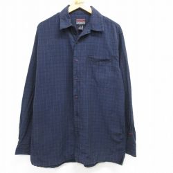 【20%OFF】XL★古着 フブ FUBU 長袖 シャツ メンズ 00年代 00s ロング丈 コットン開襟 オープンカラー 紺他 ネイビー チェック 【spe】 25mar14 中古 トップス