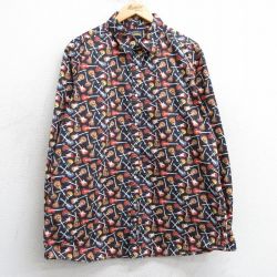 XL★古着 長袖 シャツ メンズ ギター 総柄 コットン 黒他 ブラック 25mar15 中古 トップス