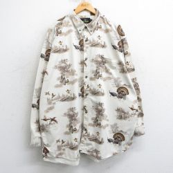 XL★古着 レッドヘッド 長袖 シャツ メンズ 00年代 00s 鳥 総柄 大きいサイズ ロング丈 コットン ボタンダウン 生成り他 25mar15 中古 トップス