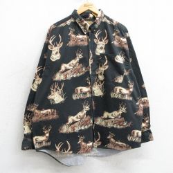 XL★古着 長袖 シャツ メンズ シカ 総柄 大きいサイズ コットン ボタンダウン 黒他 ブラック 25mar15 中古 トップス