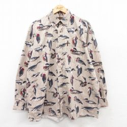 【20%OFF】XL★古着 長袖 シャツ メンズ 鳥 大きいサイズ コットン ボタンダウン ベージュ他 カーキ 25mar17 中古 トップス