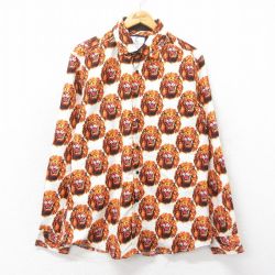 L★古着 長袖 シャツ メンズ ライオン 総柄 白他 ホワイト 25mar18 中古 トップス