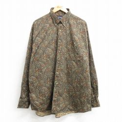XL★古着 長袖 シャツ メンズ ペイズリー柄 大きいサイズ ロング丈 コットン ボタンダウン 緑系他 グリーン 25mar22 中古 トップス