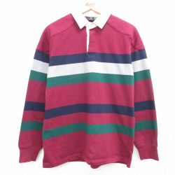 【50%OFF】M★古着 長袖 ラガー シャツ メンズ 00年代 00s ヒジ当て コットン エンジ他 ボーダー 25mar22 中古 トップス