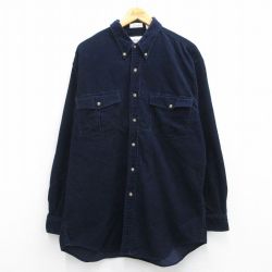 XL★古着 ロンドンフォグ 長袖 シャツ メンズ コーデュロイ ロング丈 コットン ボタンダウン 紺 ネイビー 25mar22 中古 トップス