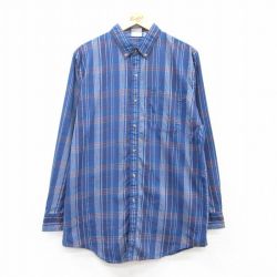 L★古着 長袖 シャツ メンズ ロング丈 ボタンダウン 紺他 ネイビー チェック 25mar22 中古 トップス