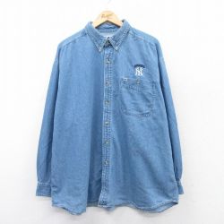 XL★古着 リー Lee 長袖 シャツ メンズ 00年代 00s MLB ニューヨークヤンキース 大きいサイズ ロング丈 コットン ボタンダウン 紺 ネイビー デニム メジャーリーグ ベースボール 野球 【spe】 25mar26 中古 トップス